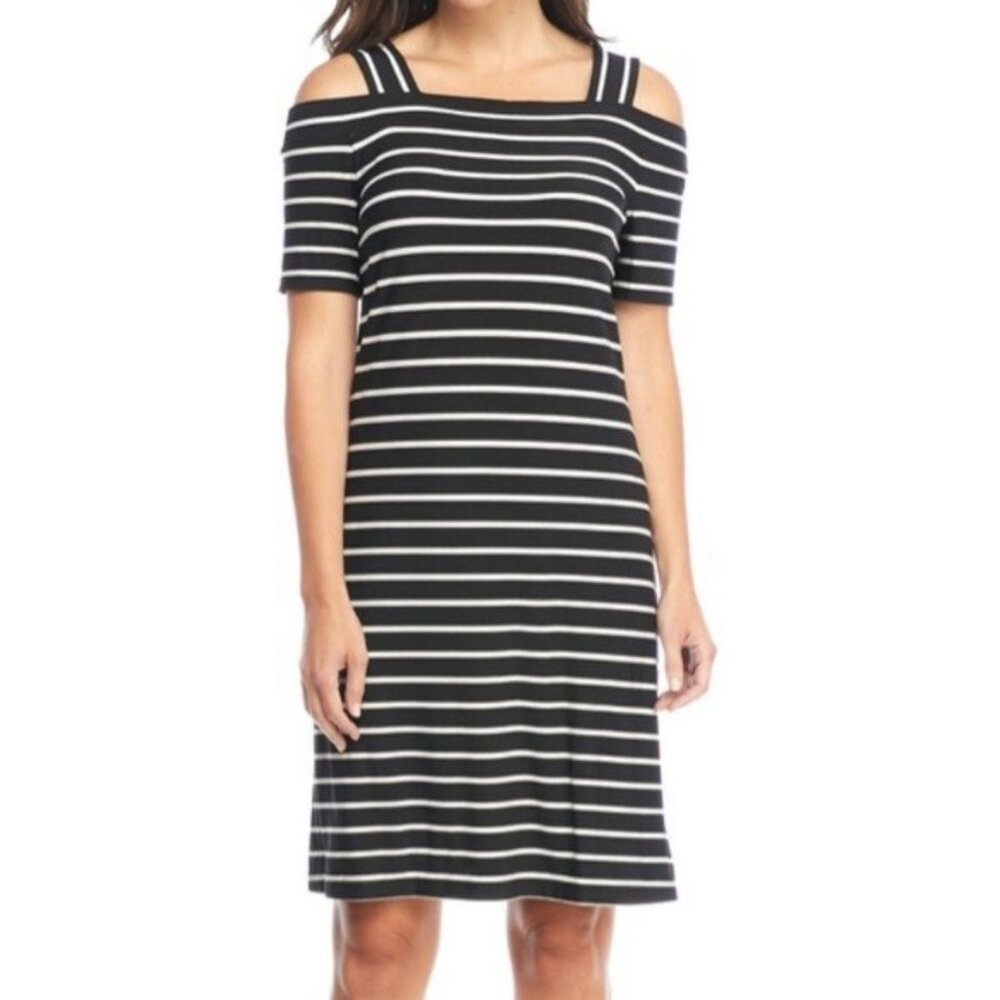 Nine West Black White Striped Cold Shoulder Stretch Short Sleeve Dress Size 4